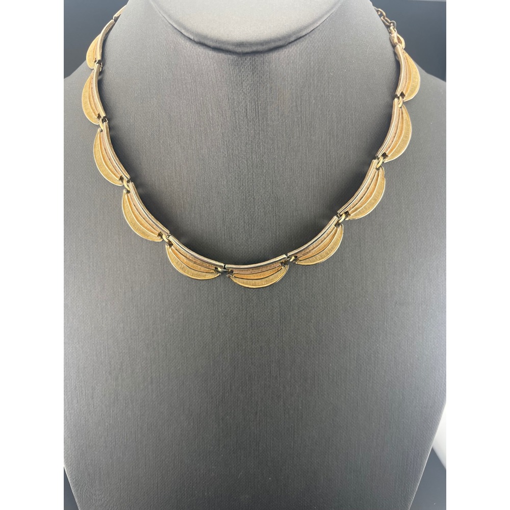 Vintage KARU Tri Tone Scalloped Link Choker Necklace Mid Century Collar